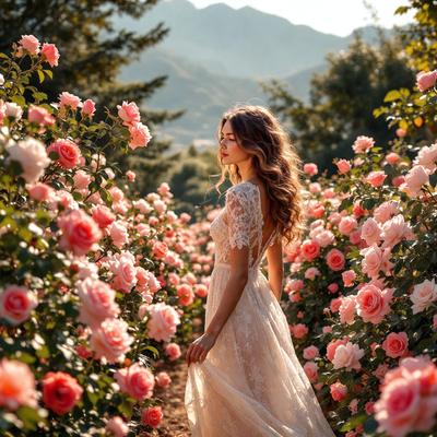 The primary subject of the image is a woman walking through a field of pink flowers. The setting is a beautiful garden with a mountain in the background. The visual style is a photo, capturing the woman's elegant and graceful stance as she walks through the flower-filled path. The colors and mood of the image are predominantly pink, creating a serene and romantic atmosphere.